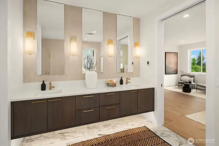 Stunning and serene, spa-like bathroom. Heated floors, floating vanity, and custom lighting. Stunning and serene, spa-like bathroom. Heated floors, floating vanity, and custom lighting.