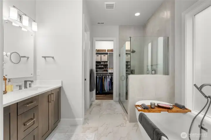 Priamary oversized walk-in shower, private water closet, and spacious walk-in closet.