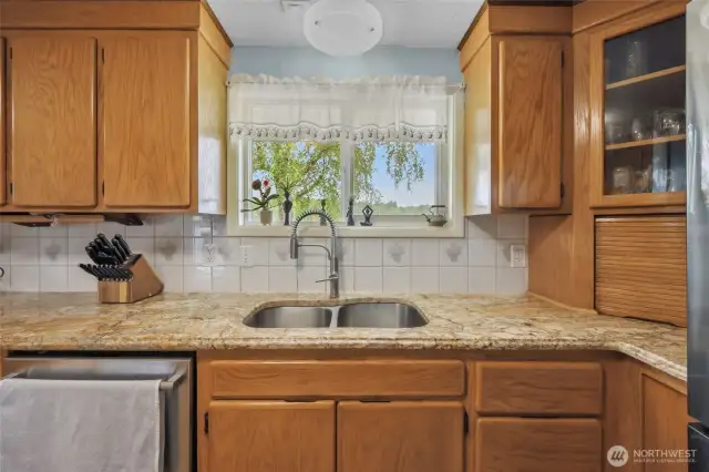 Double stainless sink overlooks the back farmland and deck.