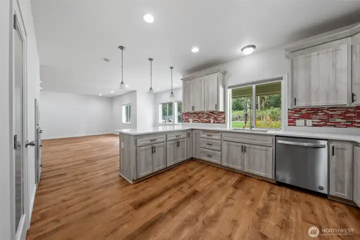 Kitchen looking out to family room