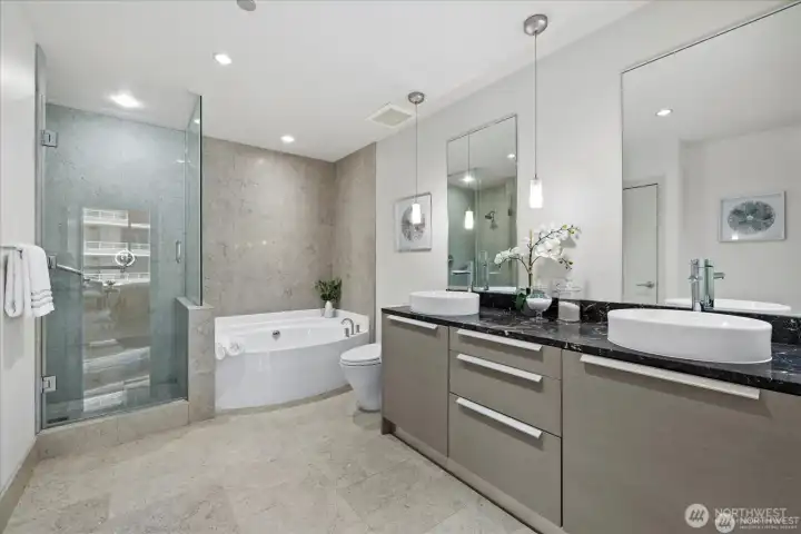 spa like bath with double vanity