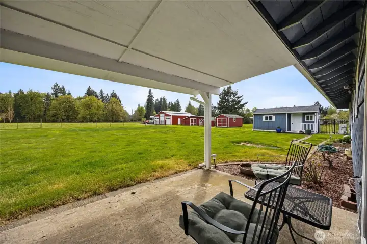 Covered and ready for grilling, this patio is for outdoor dining or simply taking in the view, it extends the living space in a way that feels easy and natural. And what a view to have. The outbuildings beyond are beautifully kept and add to the sense that this property has been curated, not just occupied. The little stormy-blue outbuilding beside the home may be the surprise favorite, finished inside, complete with a charming front porch, and perfect as a potting shed or storage retreat. Then there is the dog door connecting to a kennel and small run, which feels like such a thoughtful touch for animal lovers.