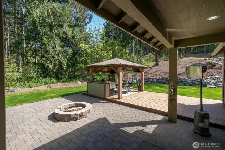 Look from the backyard covered porch looking to the built in fire pit and outdoor kitchen.