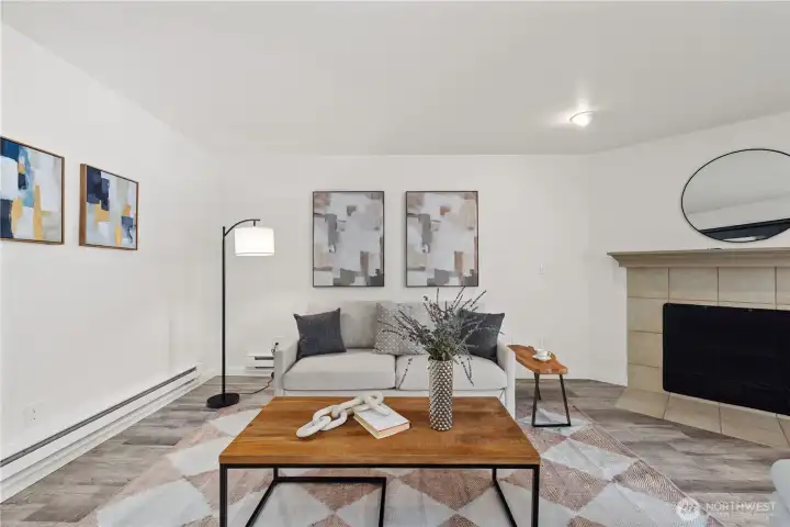Living room with wood burning fireplace