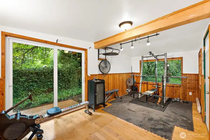 Detached adu, used as home gym. Patio doors on the left and the entry door is on the right. Has water, and baseboard heat. Detached adu, used as home gym. Patio doors on the left and the entry door is on the right. Has water, and baseboard heat.