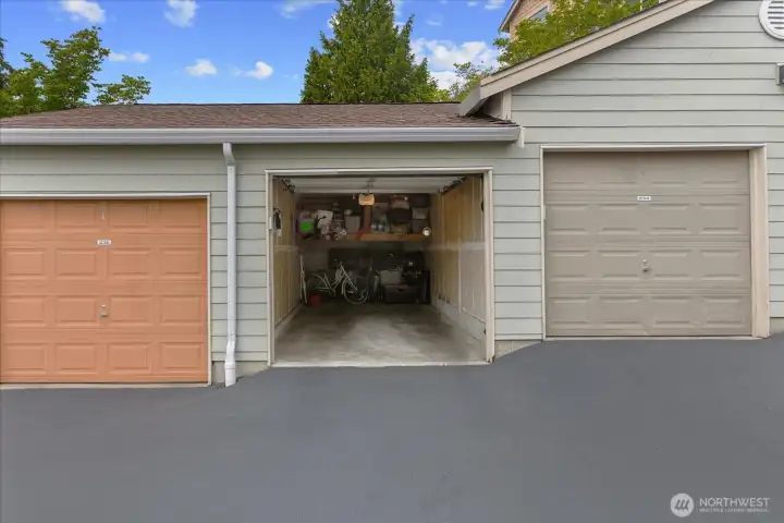 The private garage has room for vehicle and storage!