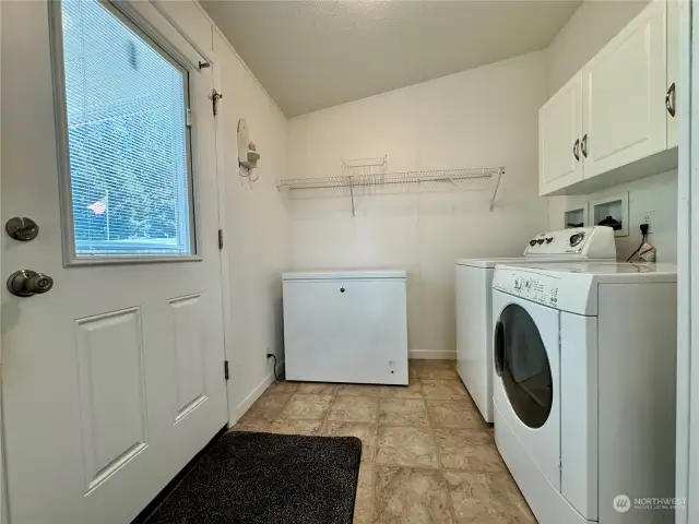 Utility/laundry room. The door leads to the carport, large storage building, and backyard with 2 patios for entertaining.