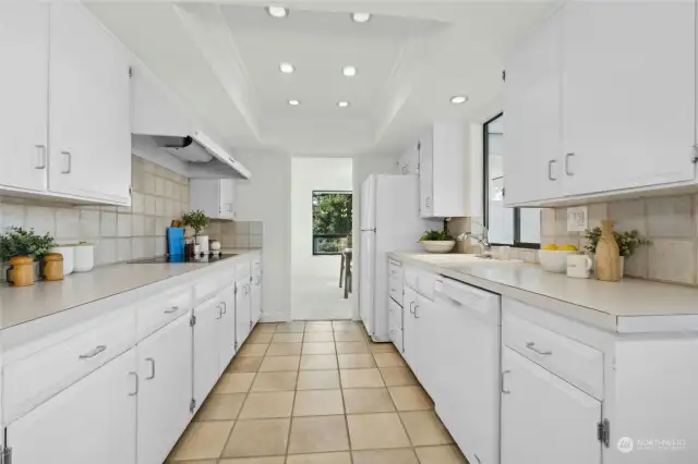 Functional galley kitchen with kitchen hood