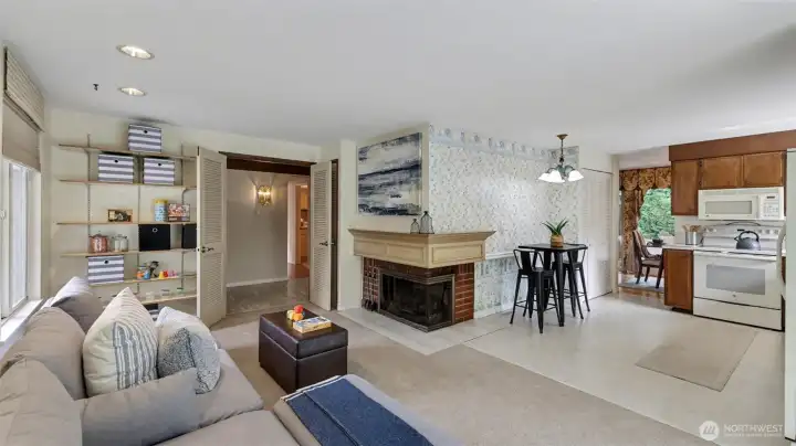 Stay cozy during   the winter with   this wood burning fireplace.