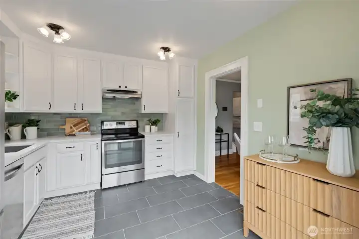 The kitchen is large, with room for additional storage
