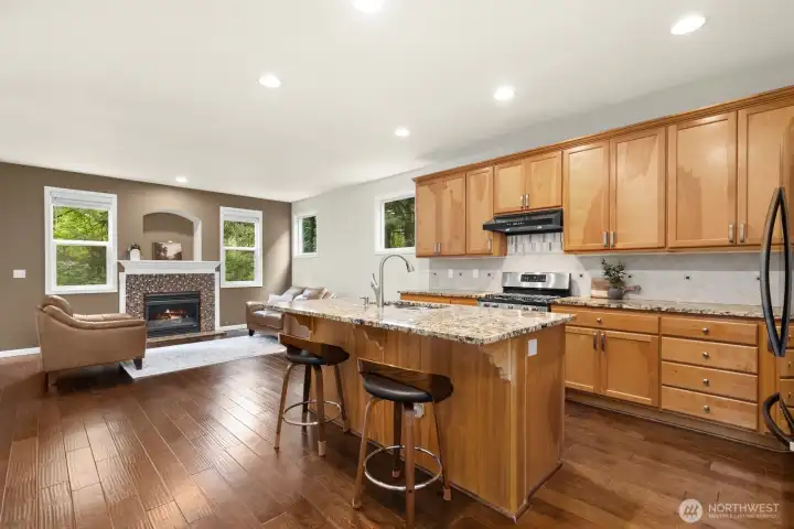 Kitchen island with seating area.