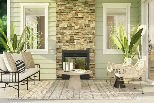 Living space extends outdoors with a covered deck and two-way fireplace!