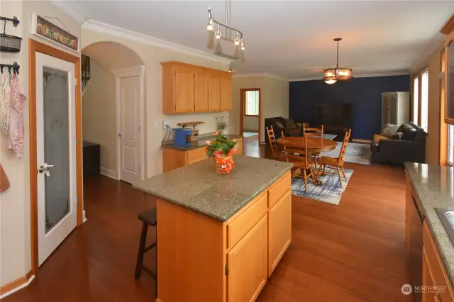 kitchen, island, pantry open to family room