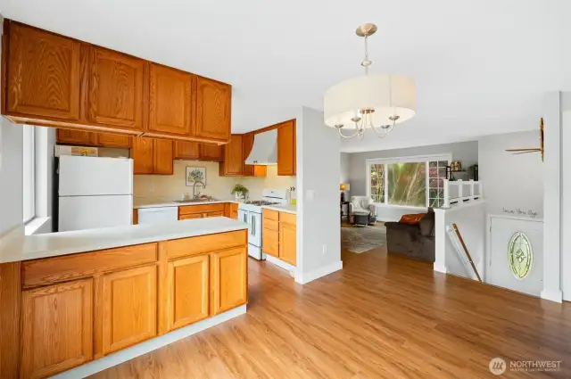 View from sliding glass doors of kitchen dinning space and living room. LVP flooring throught home.