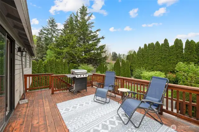 Upper level of deck with access through sliders off dinning and kithen space.