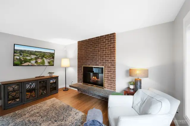 Upstairs living room with fire place.