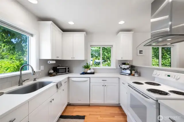 Gorgeous kitchen with a large sink, maple floors, and quartz countertops.