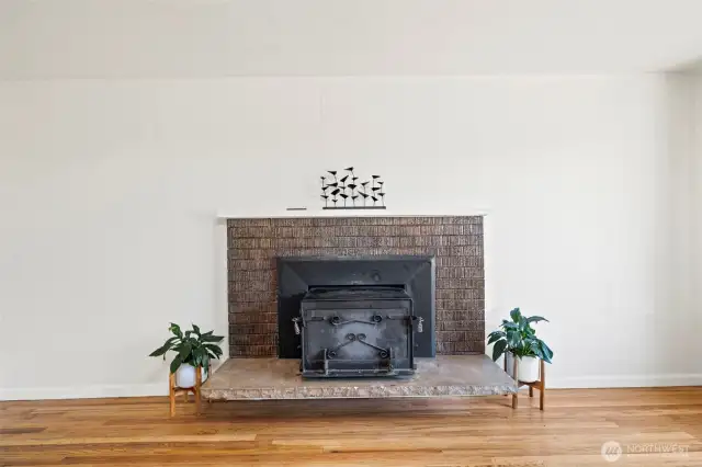 Wood burning stove in living room.