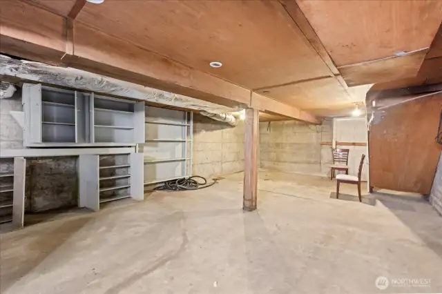 Oversized unfinished basement with storage and shelving.