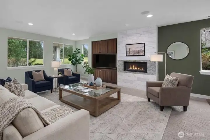 Living room with stunning views of the 12th fairway, new carpet, and a beautifully crafted custom tiled fireplace, an inviting space to relax and take in the scenery.