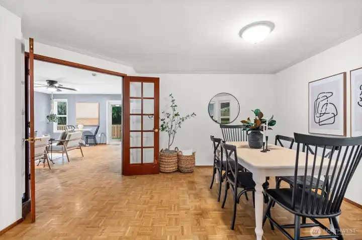 french doors into kitchen and den