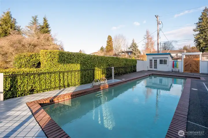 Lap pool with a cabana.