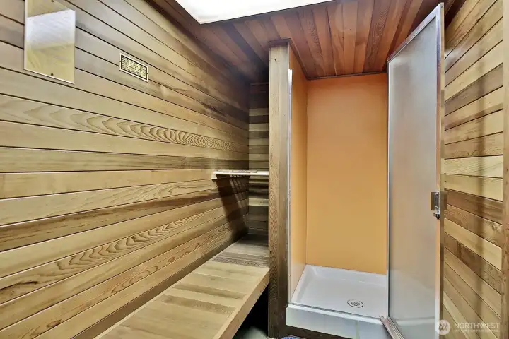 Walk-in shower beside sauna