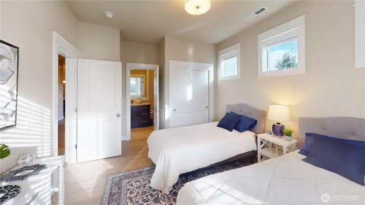 Located to the right, as you enter the home, we have a good sized guest room with continental style ensuite bathroom.