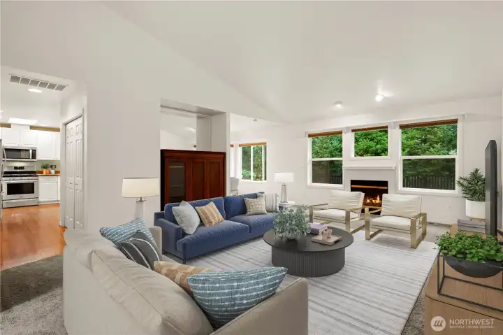 Virtually staged living room with gas fireplace