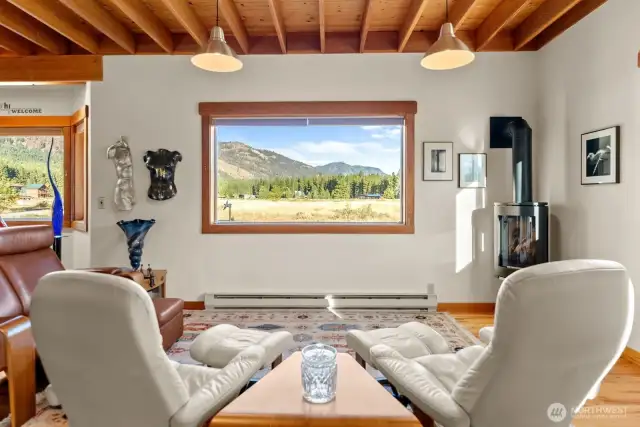 Living room enjoys the warm glo of free standing fireplace, non stop view along with great sunny natural light.. Hardwood floors. Beautiful setting to unwind in this Modern Farmhouse.