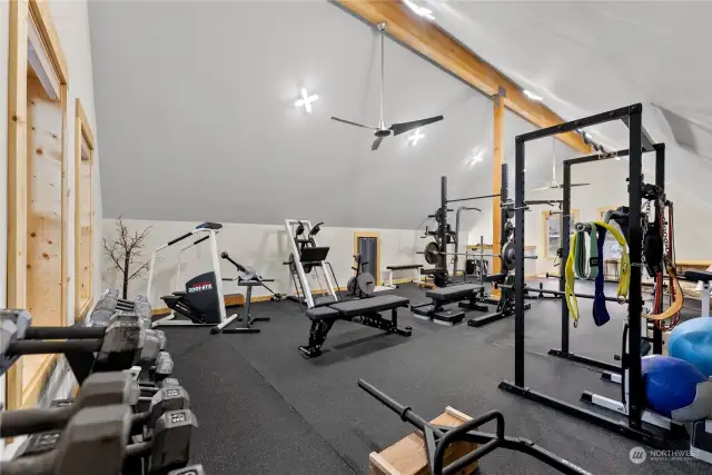 Outdoor adventures await your strong body from exercise in this Home Workout room.