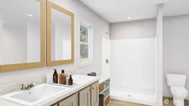 Primary bath w/ lrg walk-in shower and lrg walk-in closet