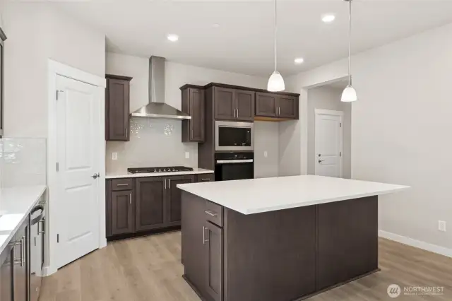 Quartz counters, walk-in pantry, gas cooktop, gourmet hood-vent, built in oven & microwave, dishwasher, large breakfast island, and soft close cabinets all included. Photo is representational. Home is under construction and finishes, features, and colors may vary. See site agent for details.