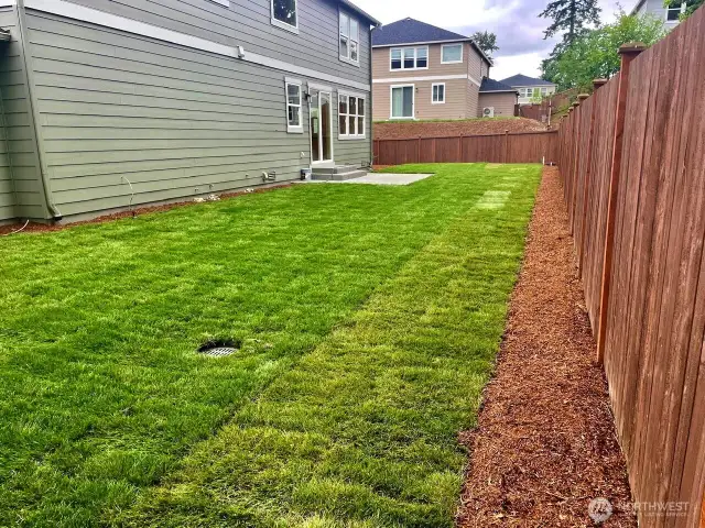 Photo is of actual yard and home under construction. See site agent for details. Large private backyard with trees in backdrop.  Large corner lot!