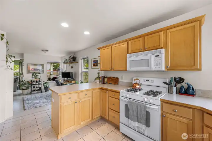 Looking from the kitchen towards the dining area or office space.