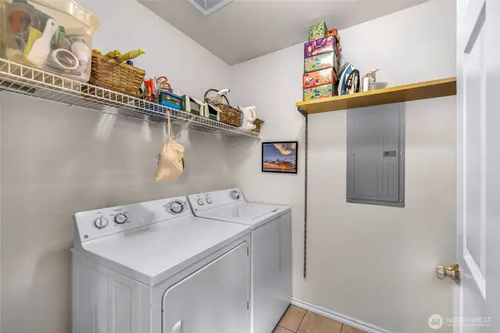 Laundry Room with breaker box and water heater behind the door. Plenty of extra storage.