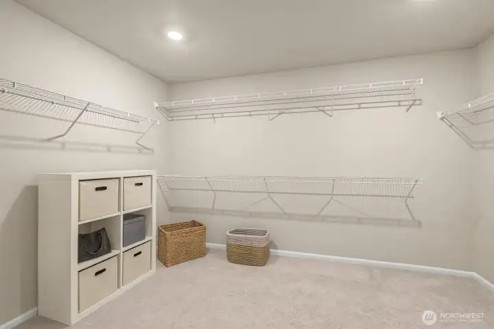Enormous primary bedroom walk-in closet, just off the ensuite bathroom.