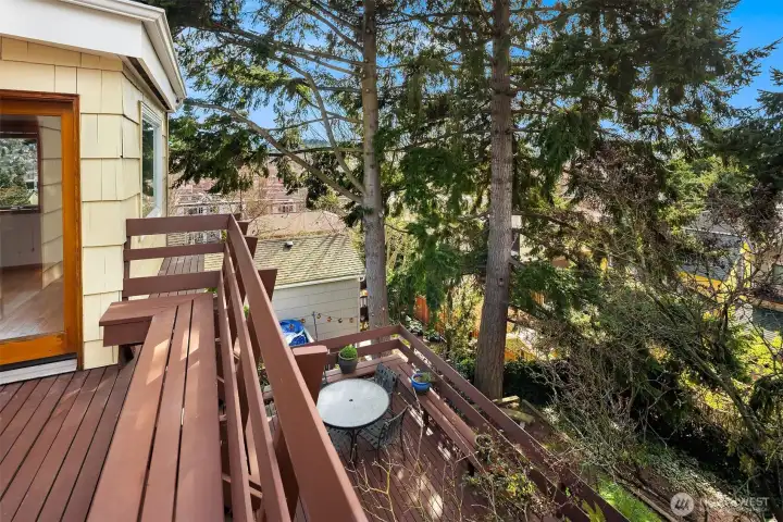 Private, upper deck on the 2nd floor off the primary bedroom overlooking the park-like backyard and offering amazing views west