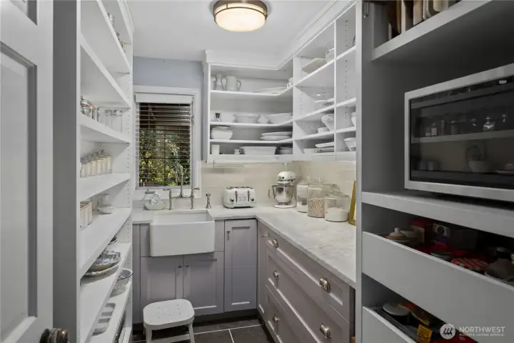 Walk-in pantry with sink, microwave and prep area.