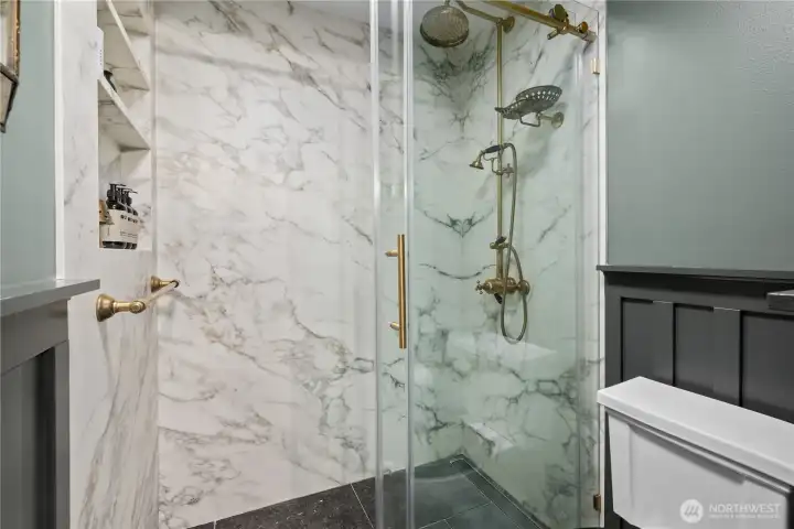 Guest bathroom shower with Belgian Blue Stone shower floor