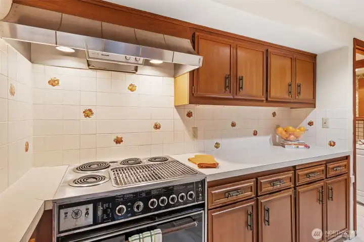 Designed for everyday convenience, this lower-level kitchen features expansive prep space, extensive storage, and a dedicated cooking area with a full-size range and vent hood. The thoughtful layout provides everything needed for independent living while complementing the lower level's private living spaces.