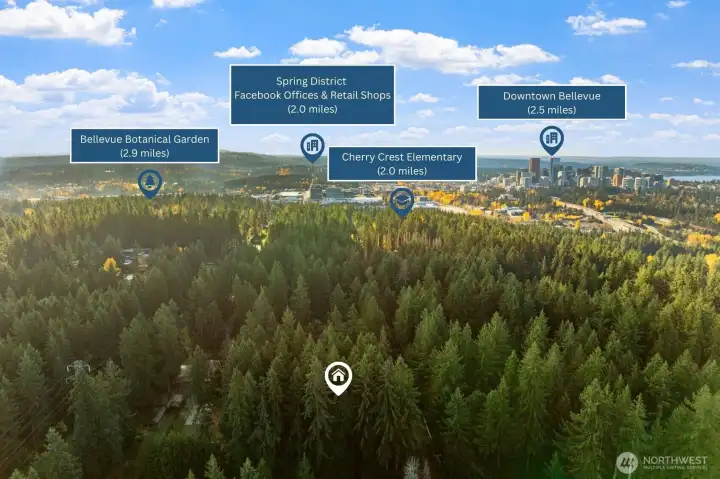 Just minutes from Downtown Bellevue, the Spring District, Cherry Crest Elementary, and the Bellevue Botanical Garden, this property places everyday essentials and premier destinations close at hand. Enjoy a secluded setting with quick access to shopping, dining, parks, and top-rated schools.