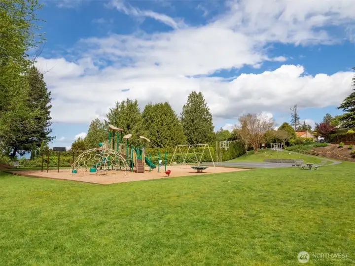 Woodbine park with playground & basketball hoop/pickleball court