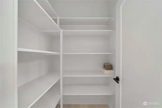 Large pantry with wood shelving.