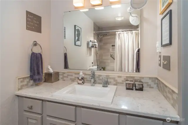 The full hallway bathroom has been completely upgraded with this beautiful vanity, gorgeous shower, LED lights and more.