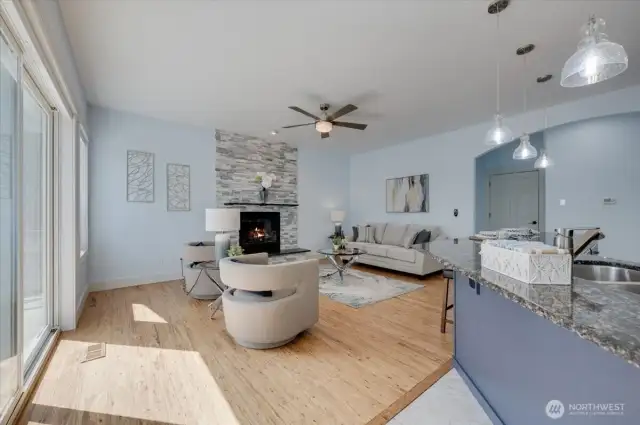 Living room is a wonderful gathering space off the kitchen