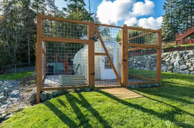 Greenhouse and raised garden beds protected from the wildlife