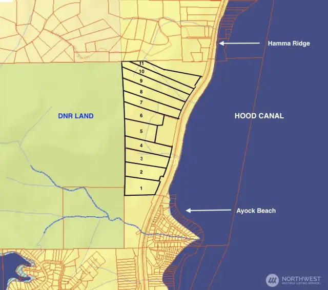 Overhead map view of all 11 lots - bordered by Ayock Beach, Hamma Ridge, DNR Land, and Hwy 101