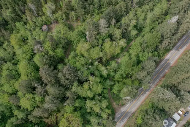Showing the aerial view of the entrance off Hwy 101 - just across from Ayock Beach