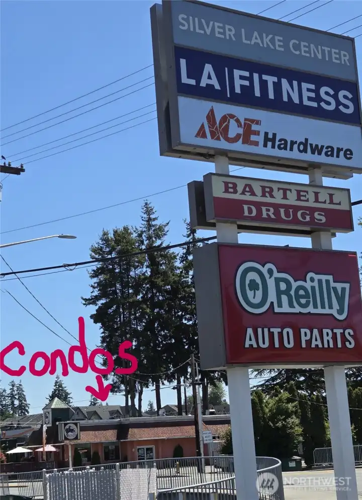 This shopping Center is located across the street from Safeway, which is directly behind the Condo, less than a block away.